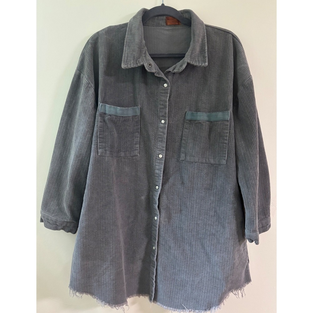 POL Clothing Gray Corduroy Oversized Shacket Raw Hem Sz. L 90's Grunge Style